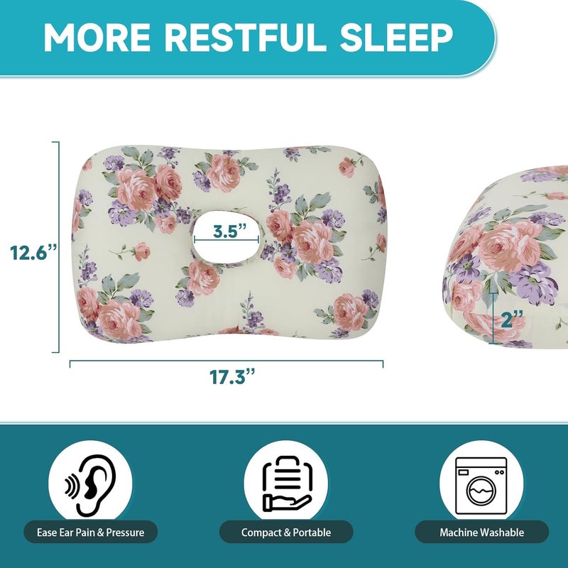 Wuronsa Ear Piercing Pillow with an Ear Hole, Cotton and Polyester Side Sleeping Pillow for CNH and Ear Pain Ear Inflammation Pressure Sores for Side Sleepers, Ear Guard Pillow (Red Flower) - Image 5